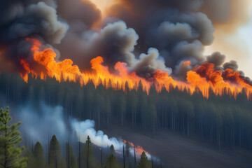 Firefighters battling a forest fire in the rugged mountain terrain - obrazy, fototapety, plakaty