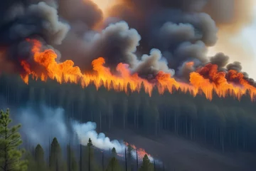 Foto op Plexiglas Firefighters battling a forest fire in the rugged mountain terrain © D