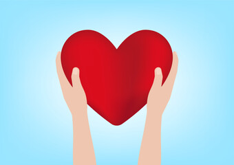 Hand Holding Red Heart on Blue Background. Concept of Valentine's Day and Mother's Day. Vector Illustration. 