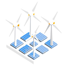 Wind Turbines Rotates and Solar Panels Captures Sunlight. Concept of Clean Energy Generation, Vector Illustration