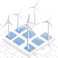 Wind Turbines Rotates and Solar Panels Captures Sunlight. Concept of Clean Energy Generation, Vector Illustration