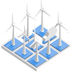 Wind Turbines Rotates and Solar Panels Captures Sunlight. Concept of Clean Energy Generation, Vector Illustration