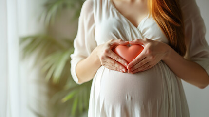Pregnant woman holds heart shape. Loving mom waiting of a baby. Concept of maternity, parenting, prepare and expect. Happy expectant mother during pregnancy, generative ai