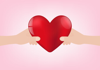 Hand Holding Red Heart on Pink Background. Concept of Valentine's Day or Wedding. Vector Illustration. 