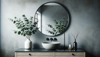 stylish mirror, eucalyptus branches, and a vessel sink. The focus is on the interior design, showcasing a clean