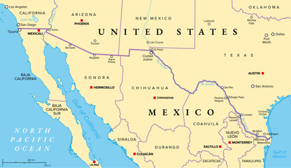 Mexico-United States border political map. International border between the countries Mexico and the USA, with states, capitals, and most important cities. Most frequently crossed border in the world.