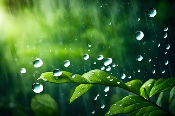 Eco rain, abstract seasonal backgrounds with rain droplets and green foliage