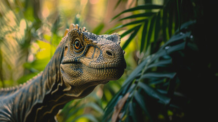 Portrait of dinosaur, ancient plants around. 