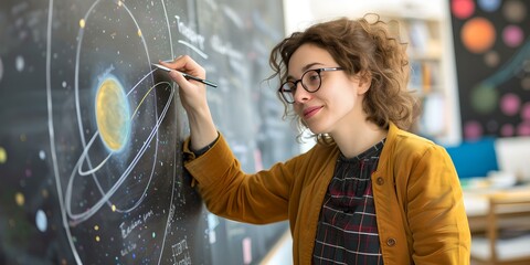 Enthusiastic female teacher discussing solar system on blackboard at school. engaging science class. educational content, perfect for learning platforms. AI