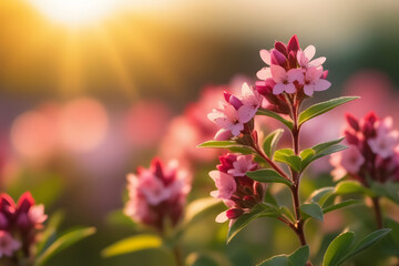 Close-up of delicate pink flowers with green leaves on blurred background in sunlight