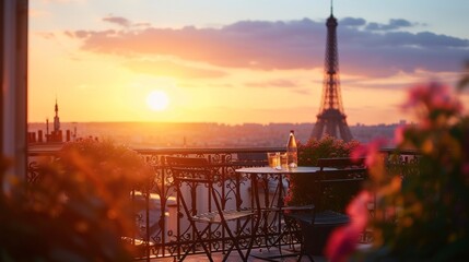 Eiffel tower seen from a balcony on a beautiful sunset
