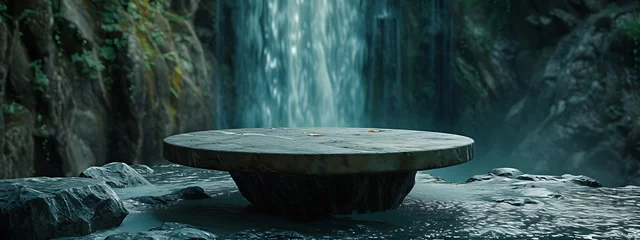  a round stone table set up against a waterfall in the © SilverDP