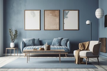 In the inside of a living room with a brown leather couch, carpet, floor lamp, and coffee table on hardwood flooring, there are two blank vertical posters on a concrete blue wall