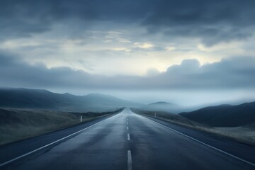 Highway in the mountains with clouds in the sky. Long exposure