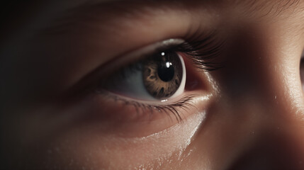 A closeup of a little boy's face, he is sad with a tear in his eye, cinematic photography capturing the wonder in a child's eye. 