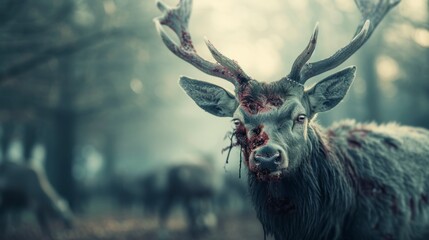 Real zombie deer new world epidemic seen in the forest of the United States and Canada in high resolution and high quality. new epidemics concept - obrazy, fototapety, plakaty