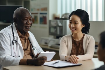 Obraz premium African American patient explaining issues to Asian doctor using tablet