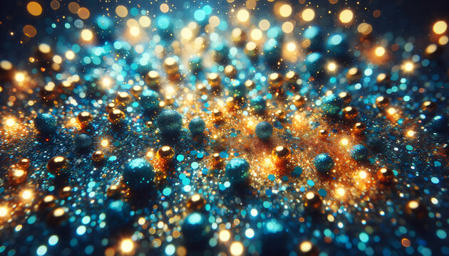Abstract glittering background with blue glitter and golden Christmas lights, creating a shiny and sparkling effect, Created by using generative AI tools	
