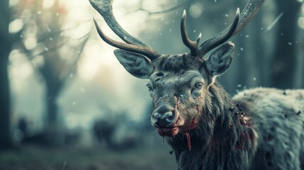 Real zombie deer new world epidemic seen in the forest of the United States and Canada in high resolution and high quality. concept new world epidemics, zombies