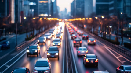 Fototapeta na wymiar Verkehrsstau in einer Stadt mit autonomen Fahrzeugen und Autos mit Leuchtstreifen bei Dämmerung und Funksymbolen für Kommunikation zwischen Fahrzeugen Generative AI