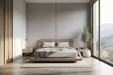 Fototapeta na wymiar Bright bedroom interior with bed, bedside table, window with a view, armchair, wooden partition, and concrete floor. Design idea for a modern flat. a mockup
