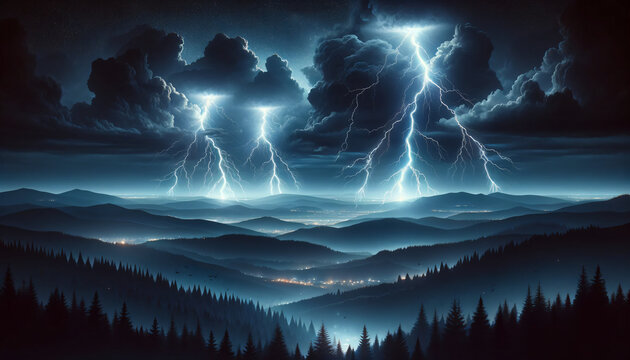 Night landscape with lightning. The scene should capture a dark, stormy night sky with bright, striking lightning, Created by using generative AI tools	
