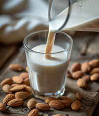 Glass of almond milk on the table - obrazy, fototapety, plakaty