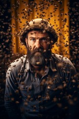 Creative portrait of a beekeeper surrounded by buzzing bees, shot in cinematic style with blurred background