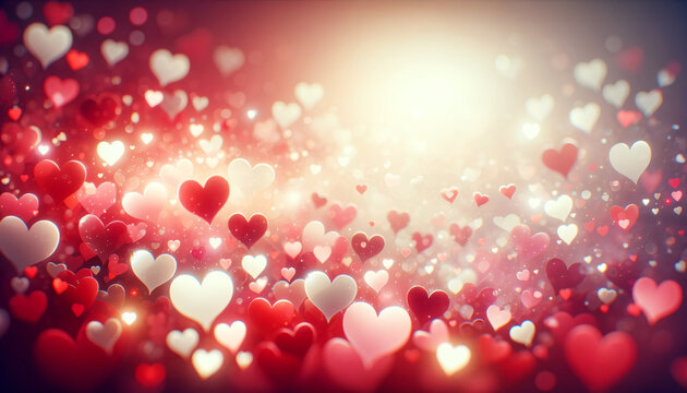 Valentine's Day background with blurred hearts, creating a dreamy and romantic atmosphere, Created by using generative AI tools	
