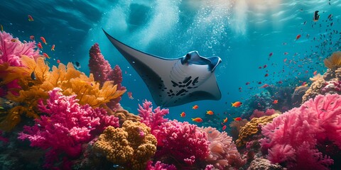 Majestic manta ray glides through vibrant coral reef under sunlit waters. underwater ecosystem teeming with life. serene marine scene. AI