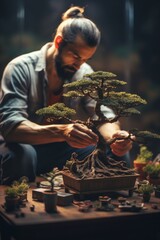 Portrait of a bonsai tree enthusiast tending to miniature masterpieces, shot in cinematic style with blurred background
