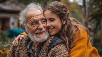 Grandfather and granddaughter sharing a hug outside