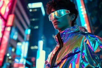 A young man in a cyber-inspired Y2K outfit, including reflective materials and tech accessories, posed in front of a futuristic cityscape, illustrating the blend of technology and fashion