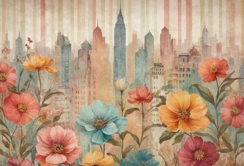 A textured wallpaper with a vintage style of floral motifs and stripes in muted colors, contrasted with a stylish multicolored painting of a modern cityscape