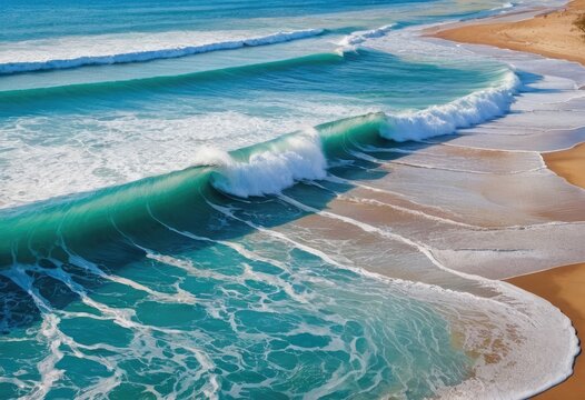 A textured wallpaper with a pattern of waves in different shades of blue, overlaid with a stylish multicolored painting of a tranquil beach scene