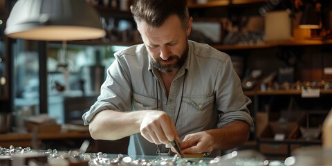 Focused craftsman at work in artisan workshop. handmade jewelry creation. professional small business owner. AI - obrazy, fototapety, plakaty