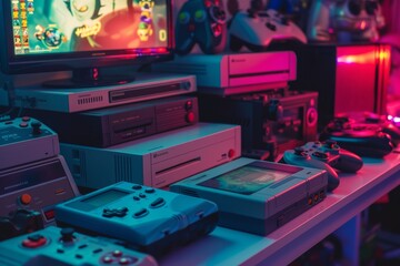 An image of a vintage Y2K gaming setup, with classic consoles, colorful controllers, and popular game titles of the era - obrazy, fototapety, plakaty