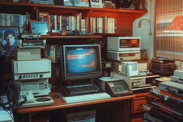 An office setting with Y2K-era technology - bulky monitors, early cell phones, and CD stacks - capturing the tech style of the era - obrazy, fototapety, plakaty