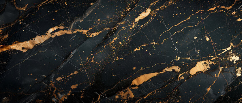 Close-up of luxurious black marble with natural golden veins, ideal for high-end design backgrounds.