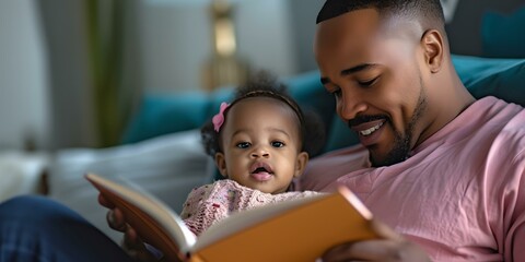Affectionate father reading a book to his toddler daughter, precious family moment. casual indoor setting. perfect for parenting blogs. AI