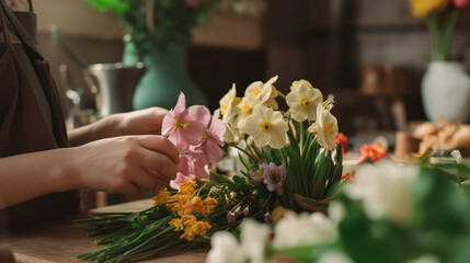 florist woman hands preparing some flowers plants pot. created with ai.
