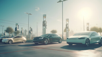 futuristic electric car station. concept of environment, ecological, sustainable future, created with AI.