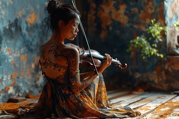 A violinist in an elegant red dress sitting with her back turned and tattoos in an abandoned room with patina on the walls. Concept: musical inspiration, creative solitude and emotional expressiveness