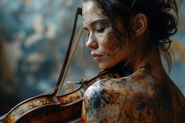 A violinist in an elegant red dress sitting with her back turned and tattoos in an abandoned room with patina on the walls. Concept: musical inspiration, creative solitude and emotional expressiveness - obrazy, fototapety, plakaty