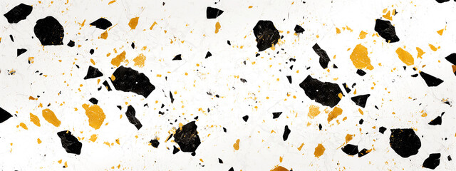 Gold and black splashes and particles on a white background. Texture for design.