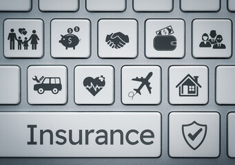 Life assurance concept. Keyboard buttons with security check icons. Life, House, Car, Family,...