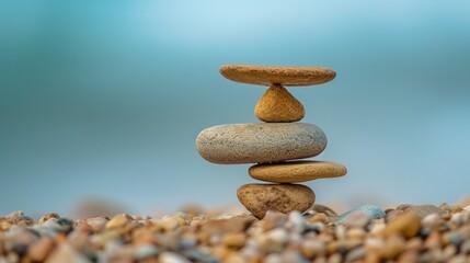 Zen stones on the beach with blue sea and sky background, balance concept