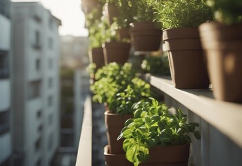 Balcony herb garden concept Modern vertical lush herb garden planter bags hanging on city apartment