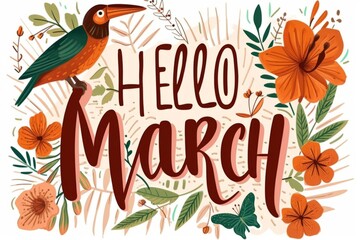 Hello March sign with cartoon tropical plants and birds Generative AI