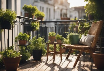 Fototapeta na wymiar Beautiful balcony or terrace with wooden floor chair and green potted flowers plants Cozy relaxing a